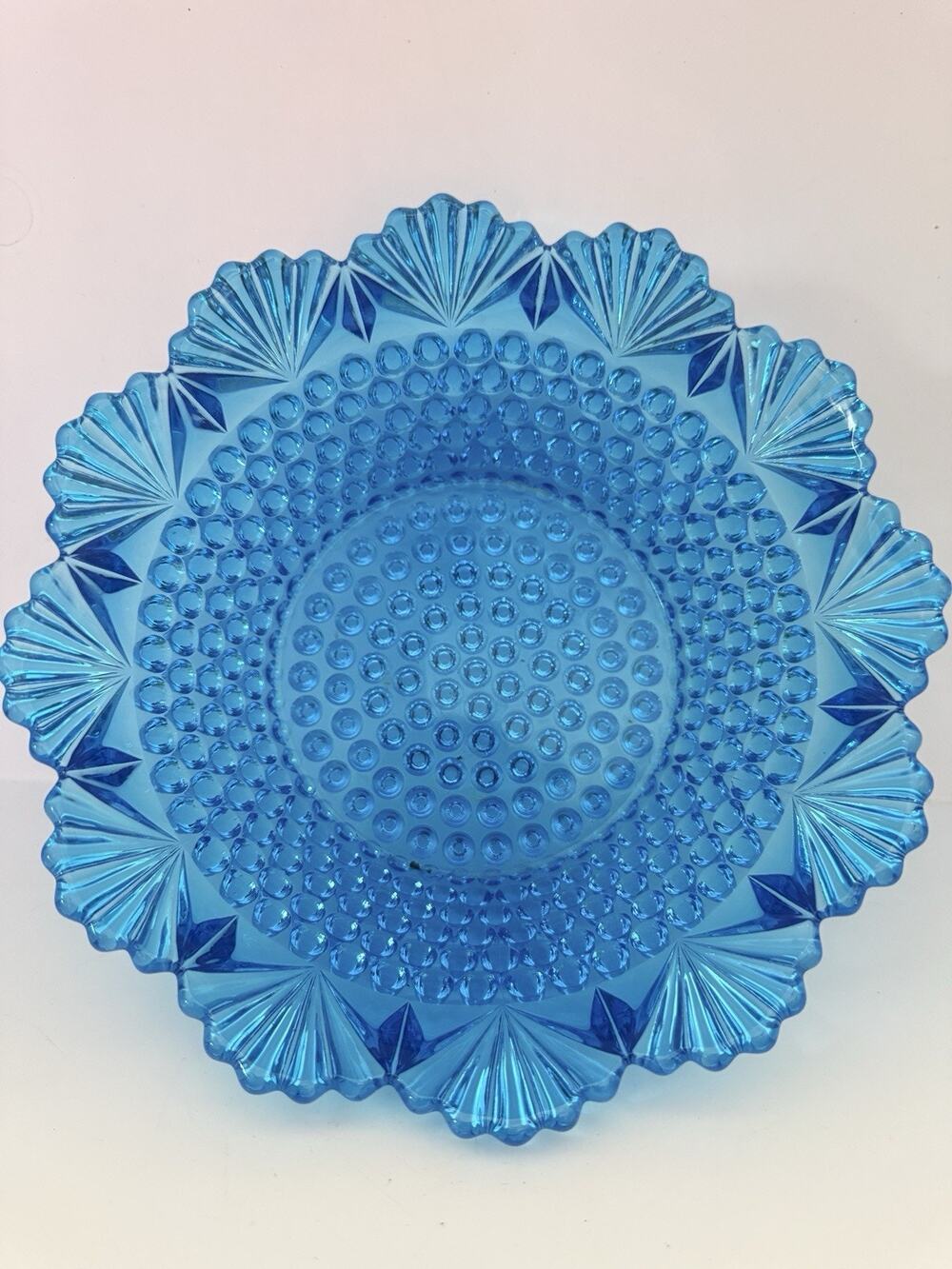 Vintage Cobalt Blue Hobnail Fan Imperial Glass Centerpiece Serving Bowl 8.5x3”